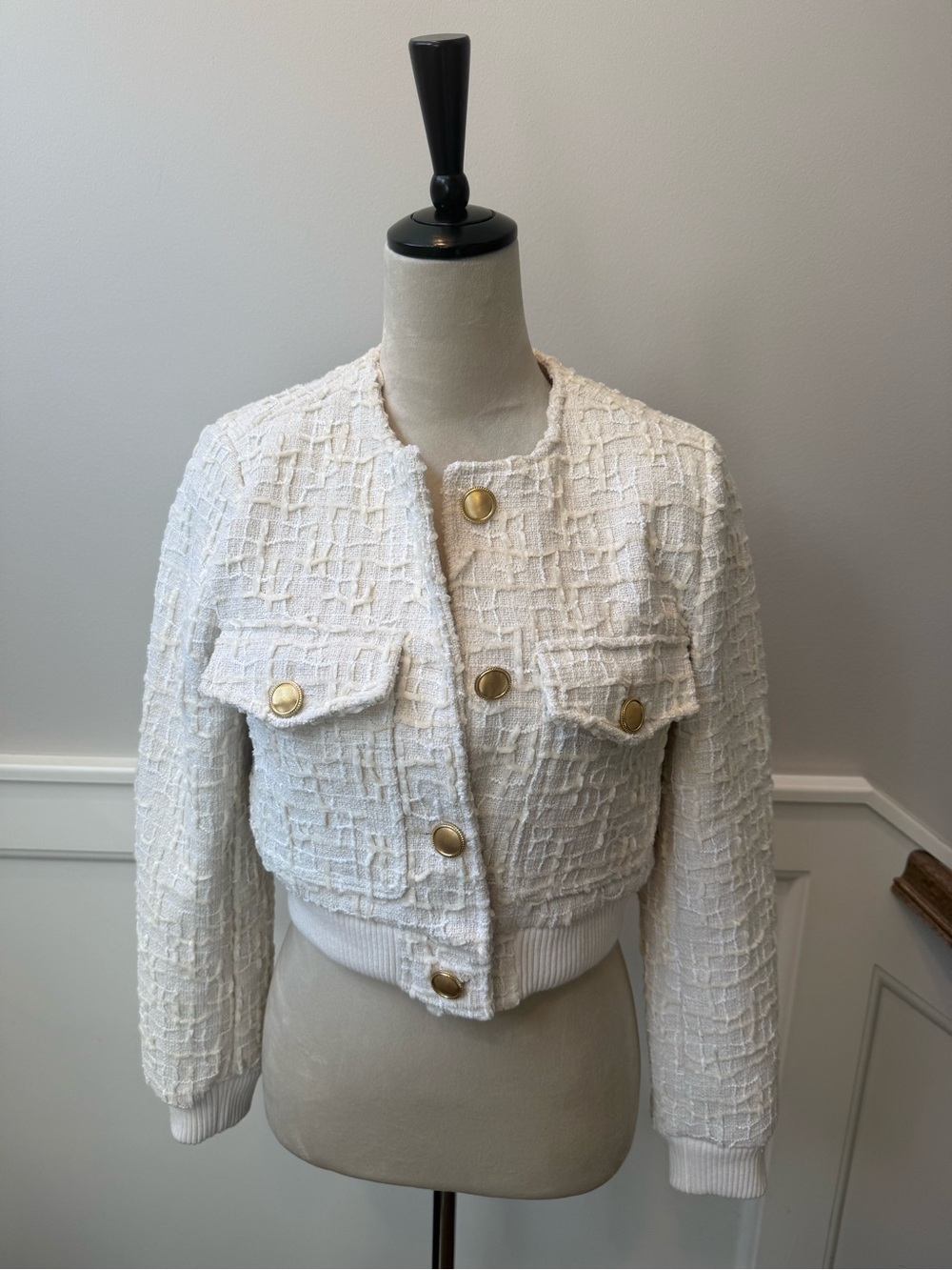 Blank NYC XS- never worn- Ivory Cropped Tweed-Texture Jacket with Gold Buttons